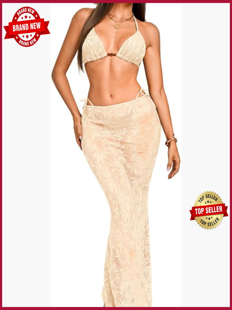 Sexy 3 Piece Bikini Set With Long Skirt Cover Up For Beach Pool Party